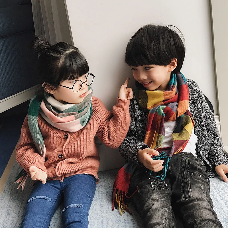 Autumn Winter Children Plaid Scarf Warm Girls Boy Soft Scarves Kids Cashmere Tassel Shawl Scarf Muffler Neckerchief Blanket 1pcs