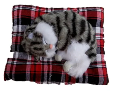 

15x11cm sleeping cat model with mat polyethylene&gray furs sounds miaow cat handicraft home decoration toy gift a2404