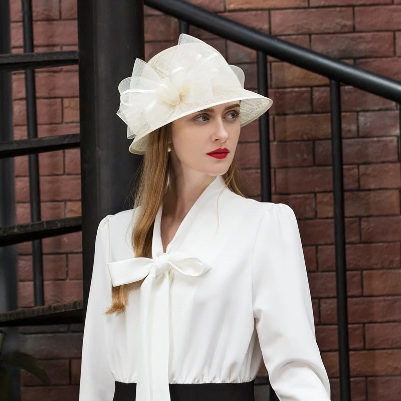 

Beige White Linen Wedding Hats for Women Summer Retro Flower Wide Brim Fedoras Ladies Church Formal Kentucky Derby B-8181