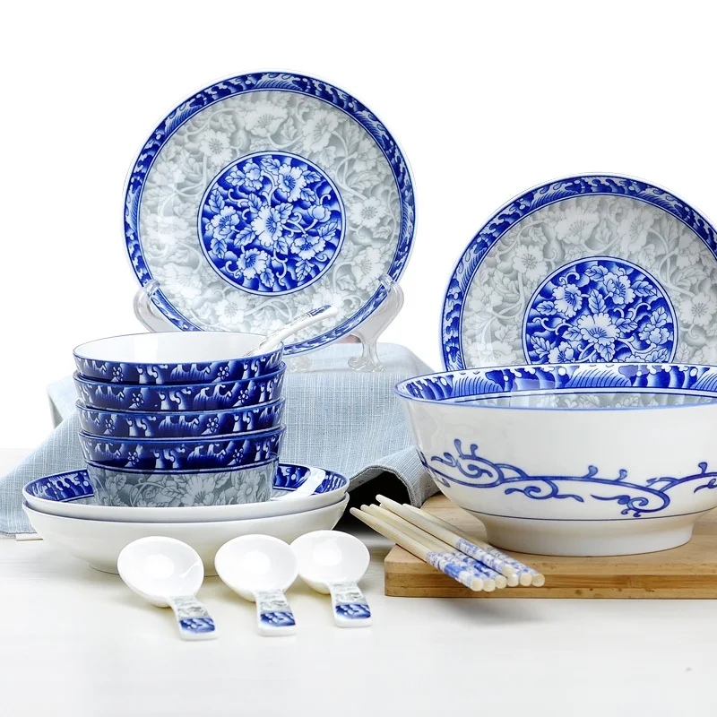 Guci Jingdezhen bone porcelain bowl 4 person 18 pieces bowl plate blue and white porcelain combination Chinese style tableware