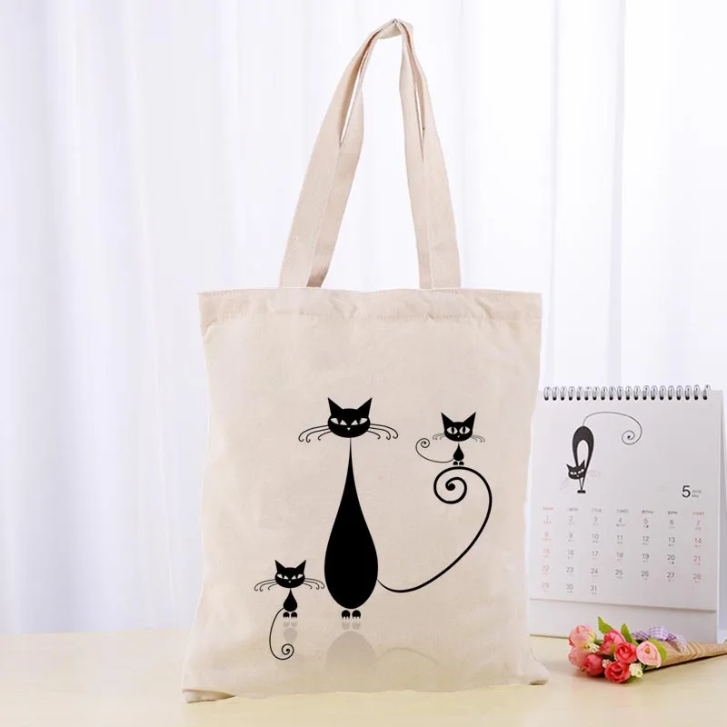 Hot Little Couple Black art cat Printed Canvas Tote Bag 30X35cm Convenient Shopping Women Handbag Custom Logo