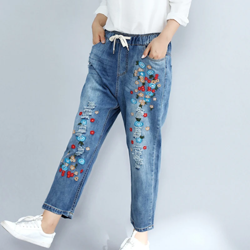 Flowers Women Jeans Large Size Women\'s Autumn Casual Embroidery Pants Loose Thin Nine Ripped Pants Jeans for Women