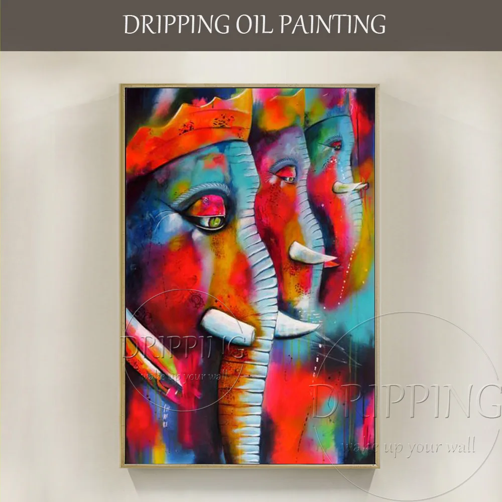 New Art Artist Handmade High Quality Colorful Ganesh Oil Painting Rich Colors Animal Special Abstract Ganesh Oil Painting