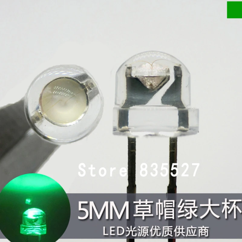 

1000pcs/lot 5mm Emerald Green LED straw hat F5 big core large chip super bright LED light emitting diode lamp beads DIY lights