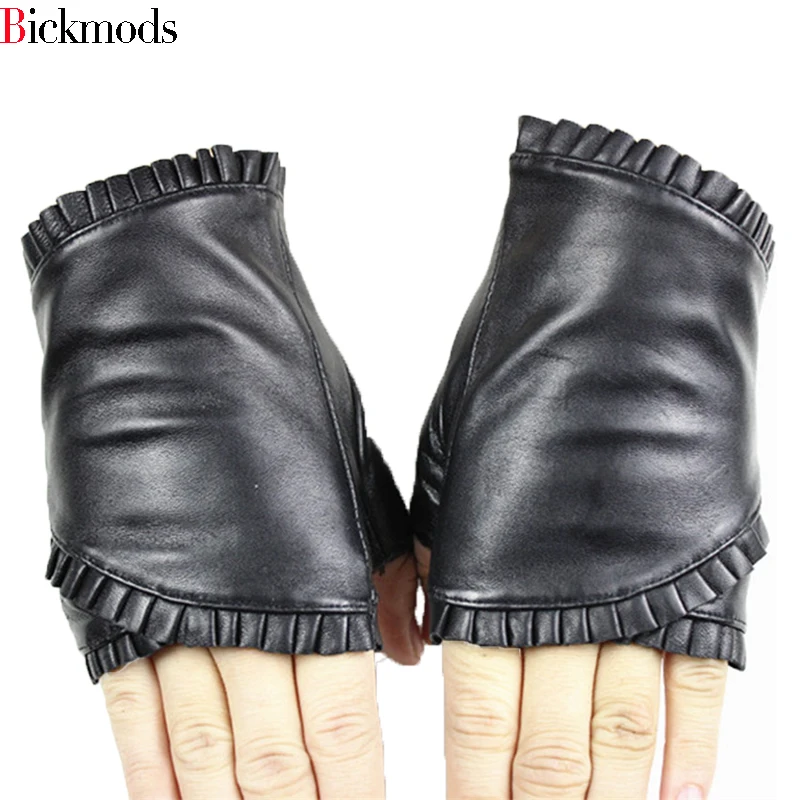 female Fingerless leather gloves wrinkled lace style semi pointed sheepskin gloves sports ride driving