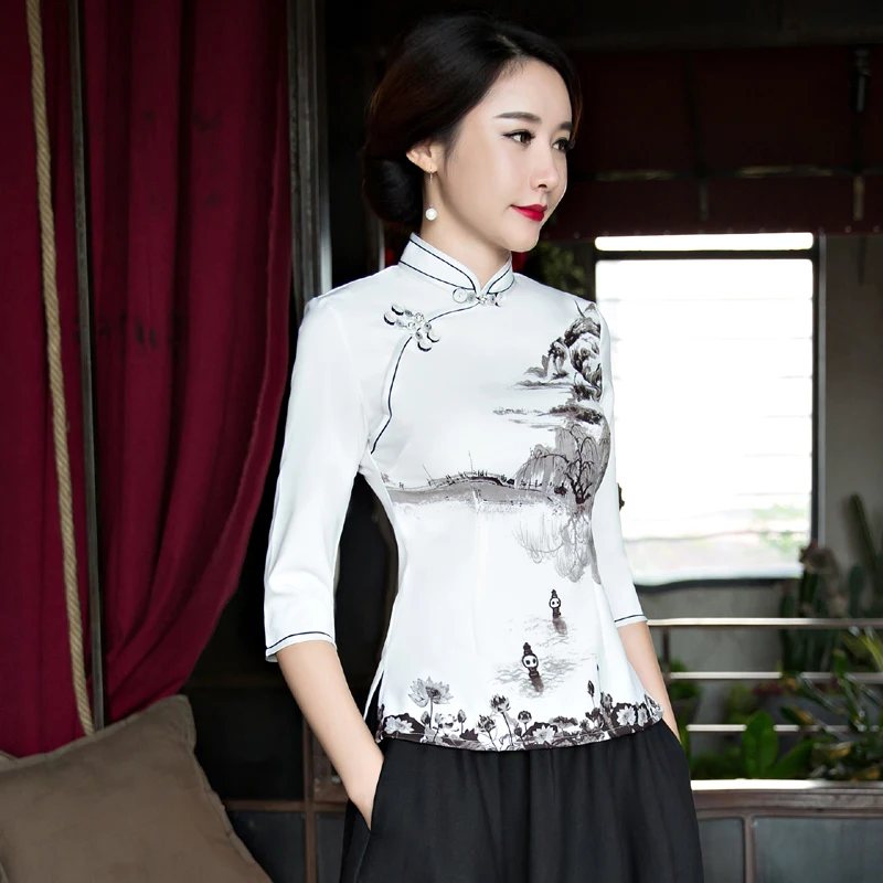 New Fashion Chinese style Shirt Womens Mandarin Collar Blouse Lady Clothing Tops Summer Flowers Short Qipao Dress Size S-XXXL