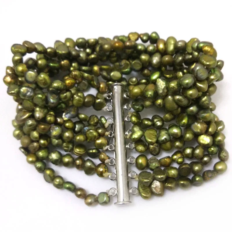 7.5 inches 8 Rows 6-7mm Army Green Natural Nugget Baroque Pearl Bracelet