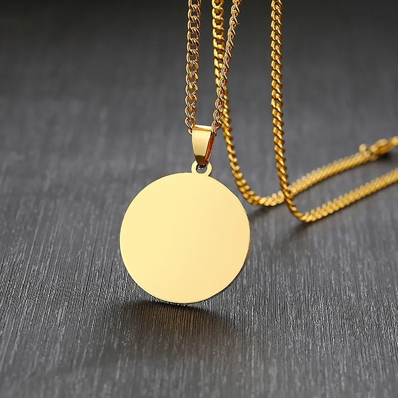 Engraved Necklace Coin Pendant Stainless Steel In Black Round Personalized Name Date Circle Jewelry For Men And Women