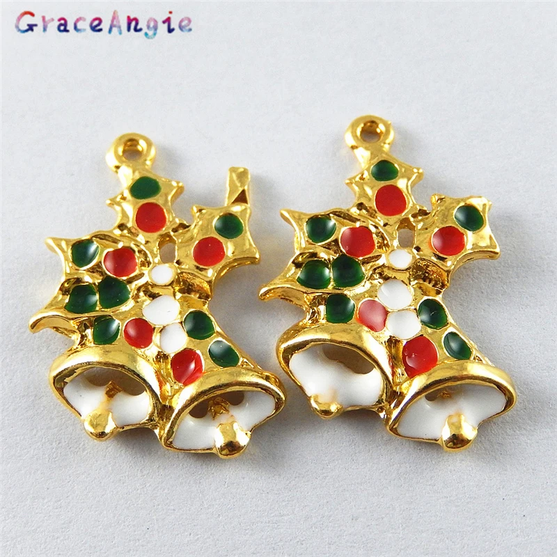 GraceAngie 10PCS Gold Color Christmas Bells Modeling Enamel Charms Women Handmade Key Chain Pendant Decor Festival DIY Jewelry