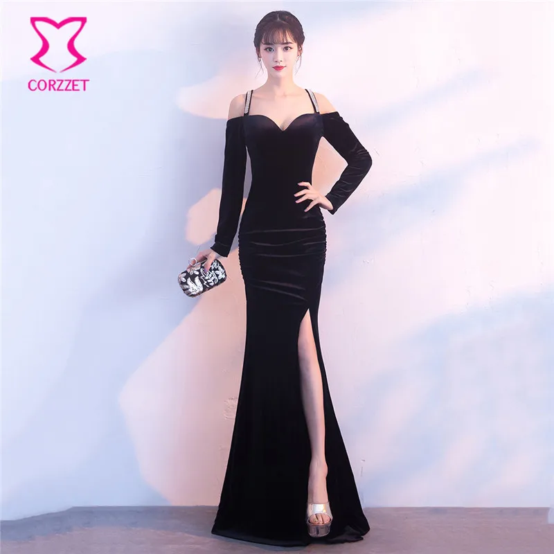 

Corzzet Elegant Black Velvet Sexy Deep V Neck Off Shoulder Full Sleeve Party Night Long Mermaid Dress Side Slipt Dresses