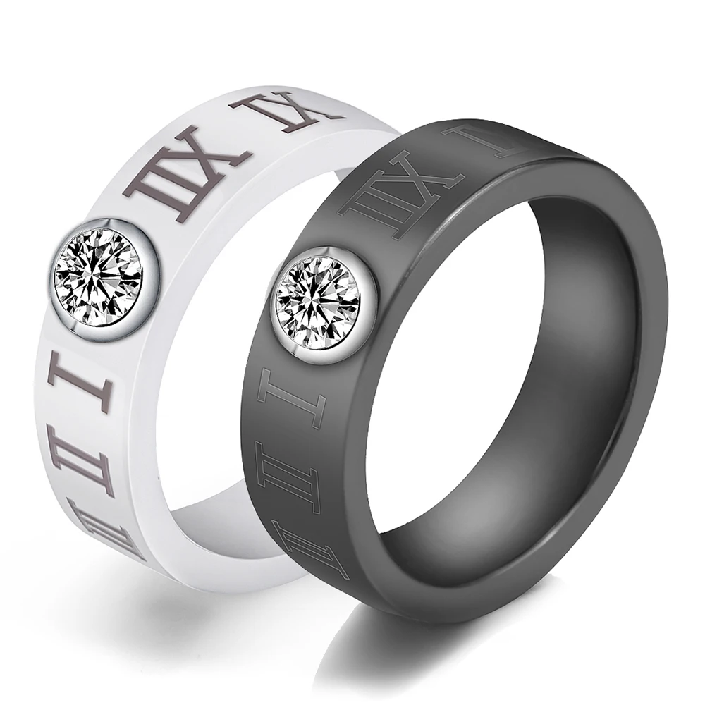 Fashion Ceramic Ring Party Gifts Roman Numeral Women Wedding Cool Band Number Black Jewelry Stainless Steel Rings With Crystal