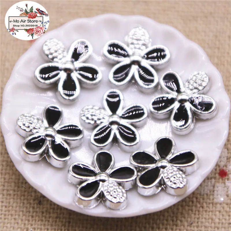 Lèvent délicats en forme de fleur argentée, artisanat de jardin, cabochon, scrapbooking, accessoires de bricolage, maison, blanc, noir, 12mm, 50 pièces