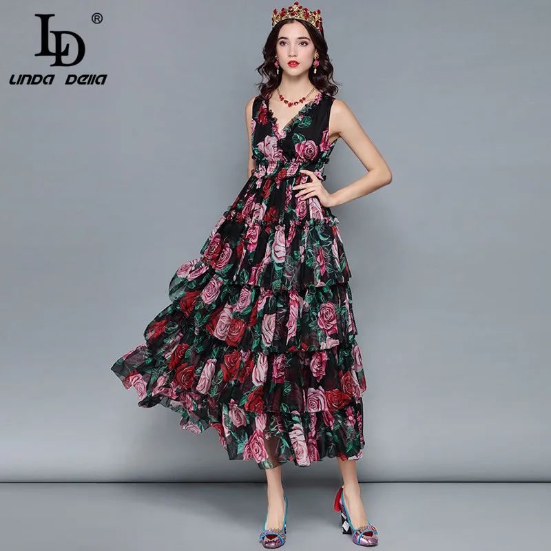 LD LINDA DELLA Midi Summer Dress Women's Sexy V Neck Sleeveless Vintage Elegant Rose Floral Print Ruffles Vacation Holiday Dress