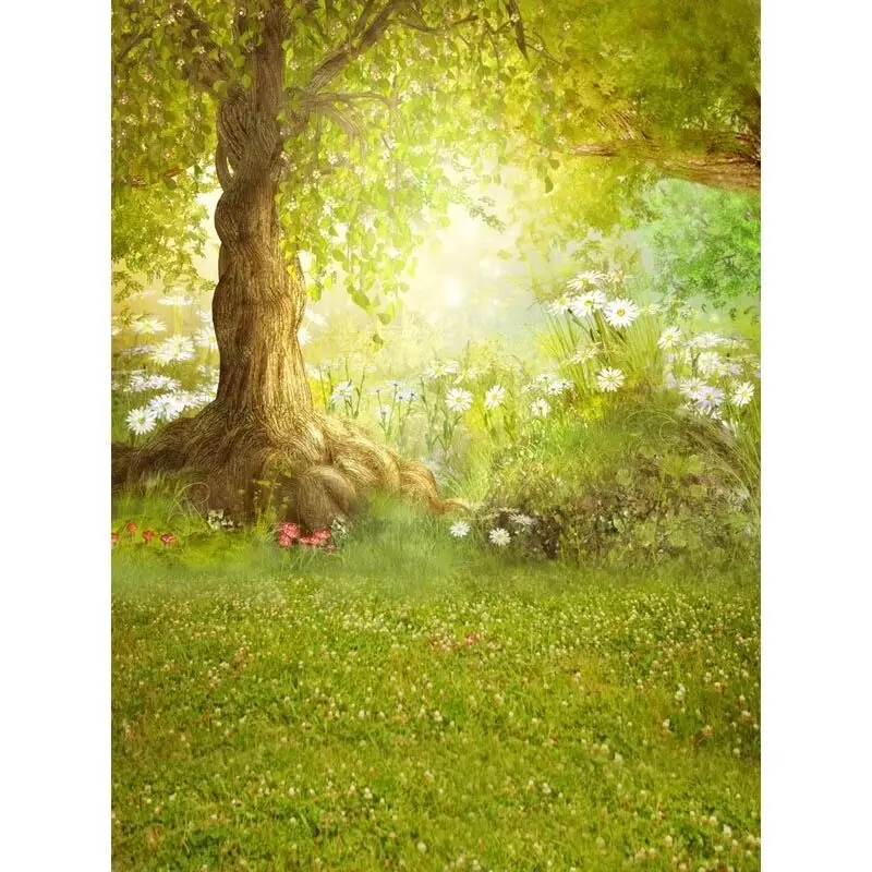 Happy Easter Spring Background Photography Printed White Flowers Big Tree Green Meadow Fairy Tale Woodland Baby Shower Backdrop