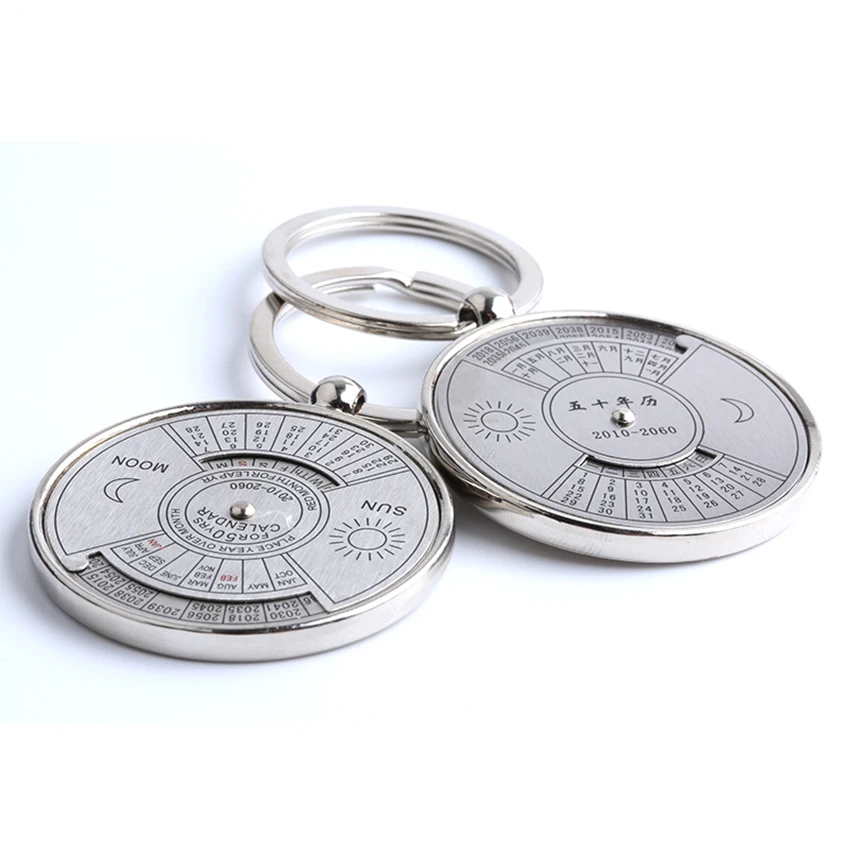 1PC Mini Perpetual Calendar 2019 Keychains Unique Metal Keyring Sun Moon Carving 2010 to 2060 Calendar Key Ring Customize LOGO