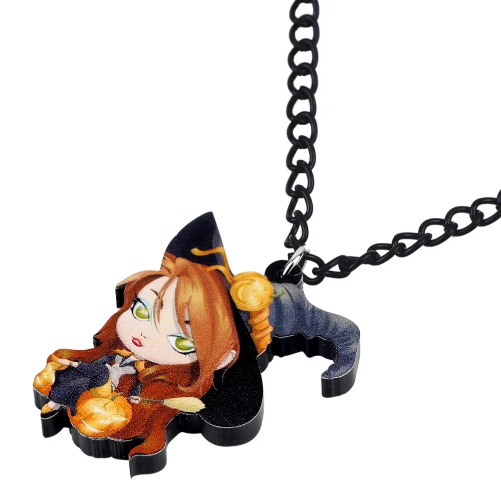 Bonsny Acrylic Halloween Anime Magic Witch Necklace Pendant Chain Collare Party Costume Jewelry For Women Girls Teens Gift Charm