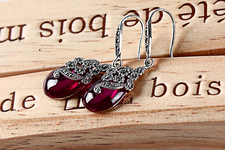 S925 intime Silver Ruby red corundum high-grade temperament  earrings MS anti allergy