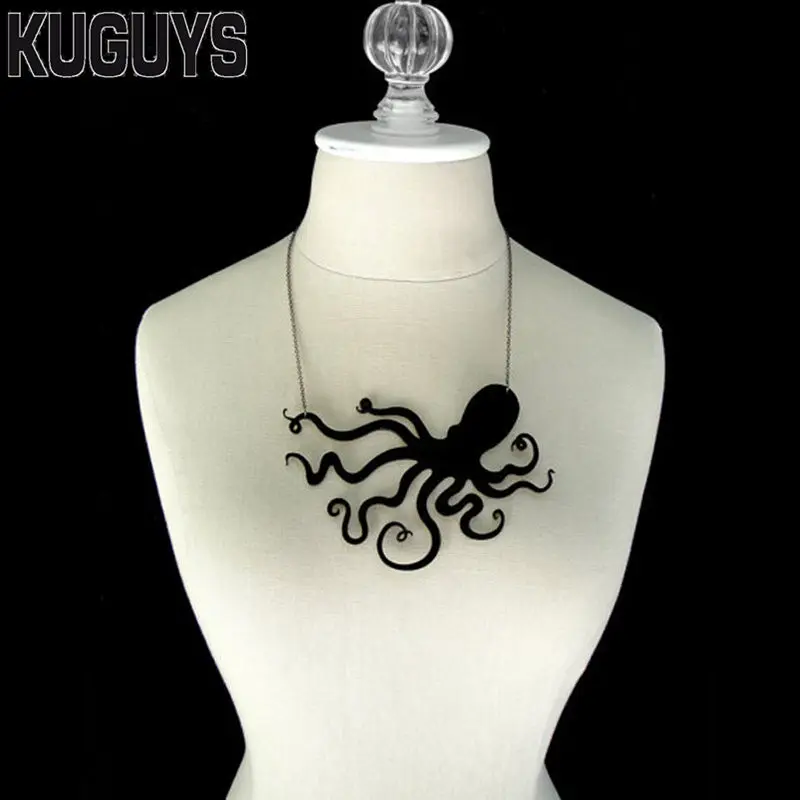 KUGUYS Octopus Tentacles Necklace Pendant for Women and Men Rock Jewelry Acrylic Hyperbole Animal Fashion Black Link Chain