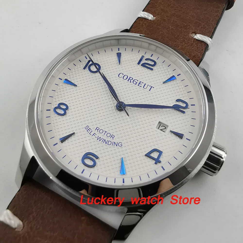 42mm corgeut men\'s watch white dial blue hands and marker sapphire glass Automatic watch-CA40