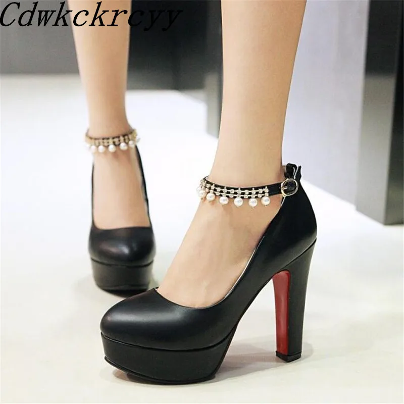 Autumn New pattern fashion Round head temperament High-heeled Shoes white black Pink blue Pearl Rhinestone marry Women Shoes