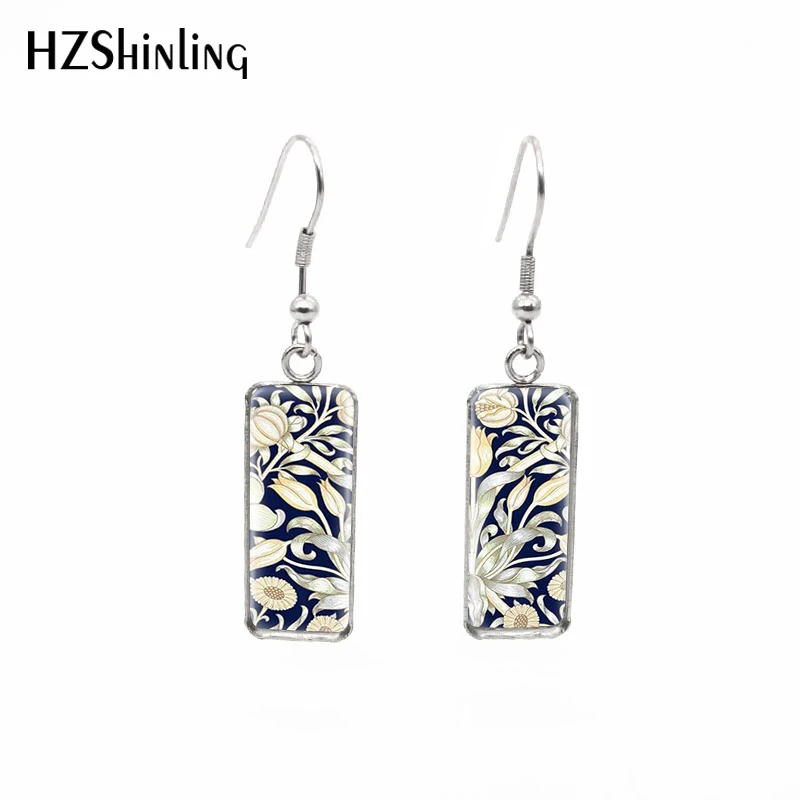 2019 New William Morris Patterns Rectangular Earrings The Strawberry Thief Tapestry Fish Hook Earring Glass Picture Jewelry