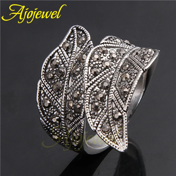 Ajojewel Fashion Vintage Black CZ Leaf Wide Ring Band Jewelry Women Female Rings Size 7-9