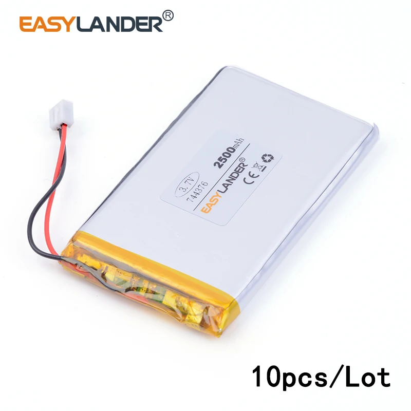 

10pcs /Lot JST2.54 2P 744376 3.7V 2500mAh Rechargeable Lithium Li-ion Polymer Battery 754575