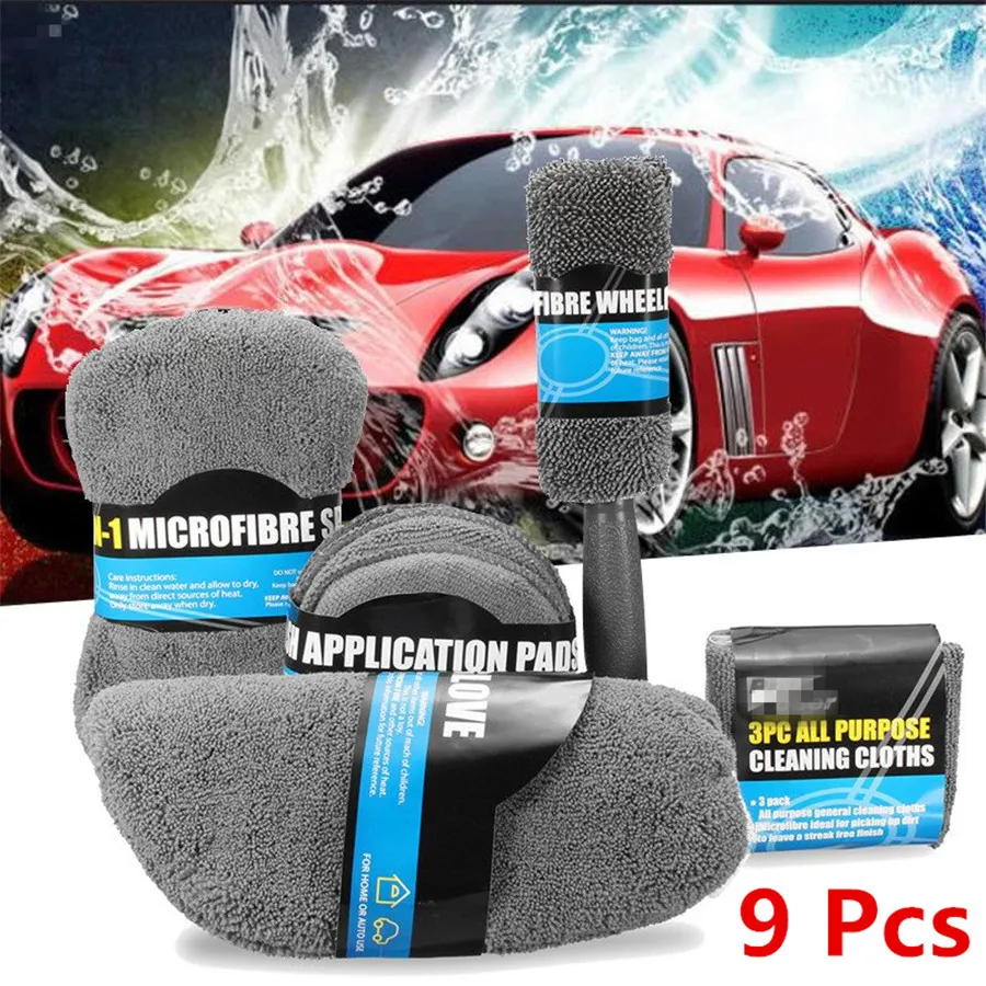 

9Pcs Auto Car Body Wash Cleaning Kit Fiber Grey Microfiber Towels Applicator Pads Wash Sponge Wash Glove Wheel Brush