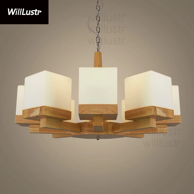 Willlustr oak wood frame cubi white frosted suspension light hanging lighting rest room hotel restaurant glass pendant lamp