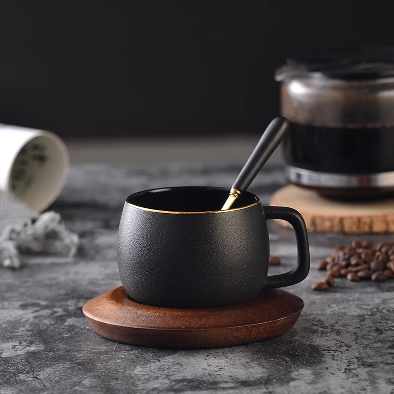 Nordic Ceramic Coffee Cup, Solid Wood Saucers, Black Mug, Espresso Cups, English Afternoon Tea Party Teacup, Home Drinking Gifts