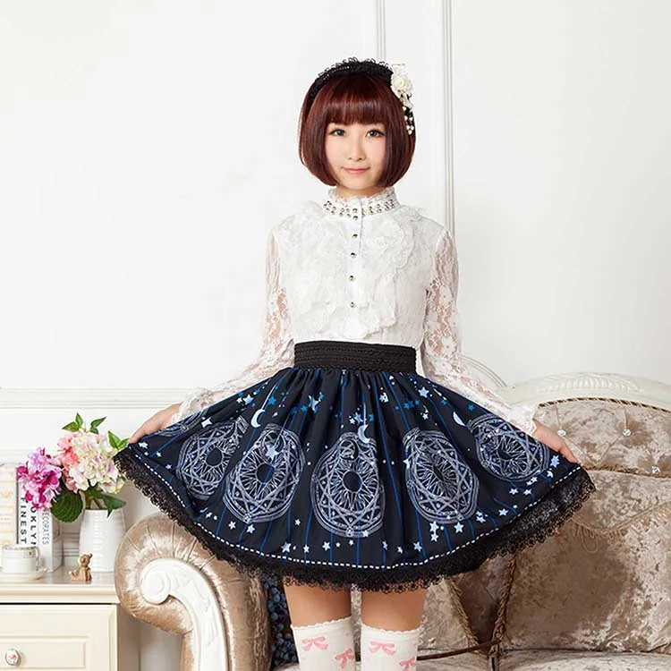 Dark Blue Stars Moon Print Lolita Lace Short Skirt Women Vintage Pleated Harajuku Japan Fashion High Quality Lady Girls Skirts