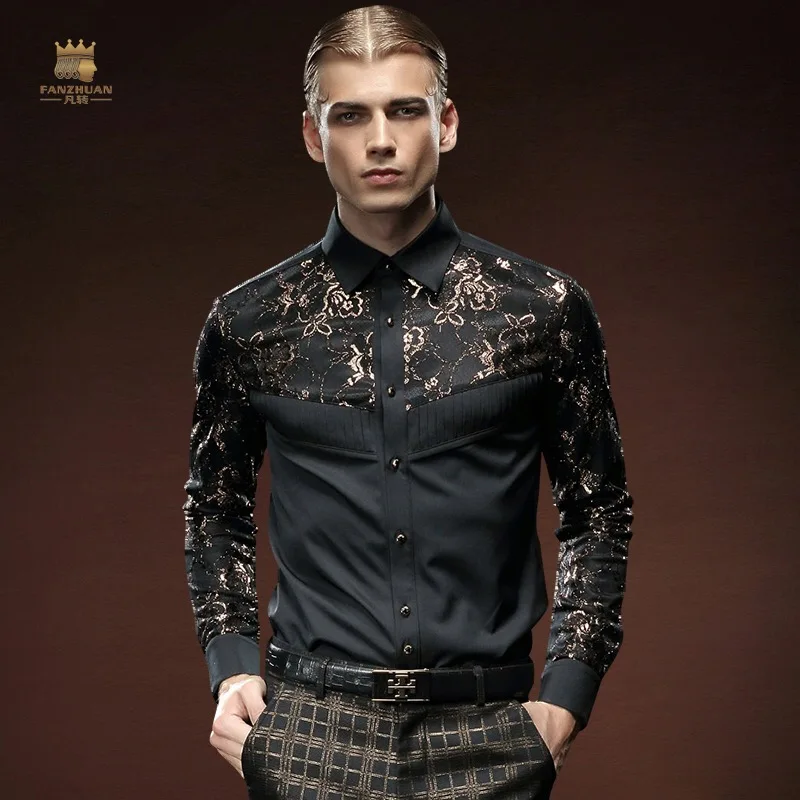 Fanzhuan Free Shipping Palace Unique New fashion casual male men\'s black slim long sleeved stitching shirt 512061 plant pattern