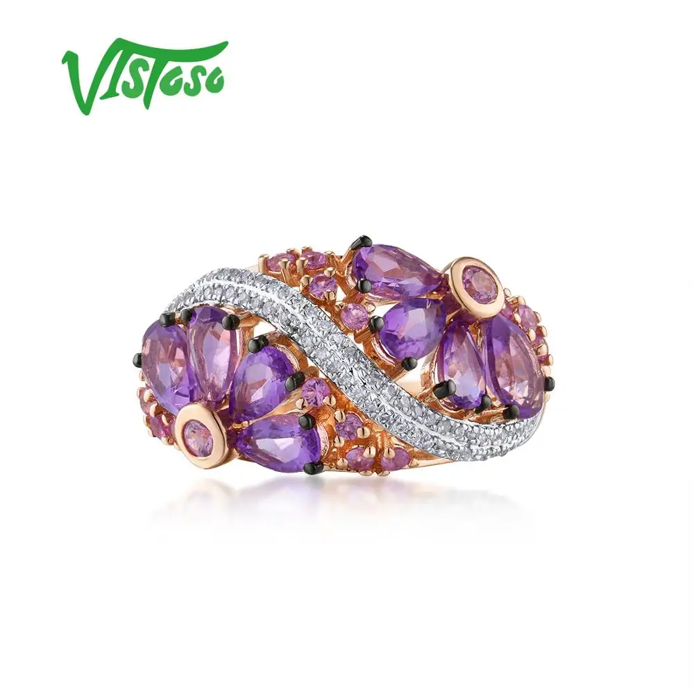 VISTOSO Genuine 14K Rose Gold Ring For Women Shimmering Diamond Fancy Pink Sapphire Amethyst Fantastic Wedding Band Fine Jewelry