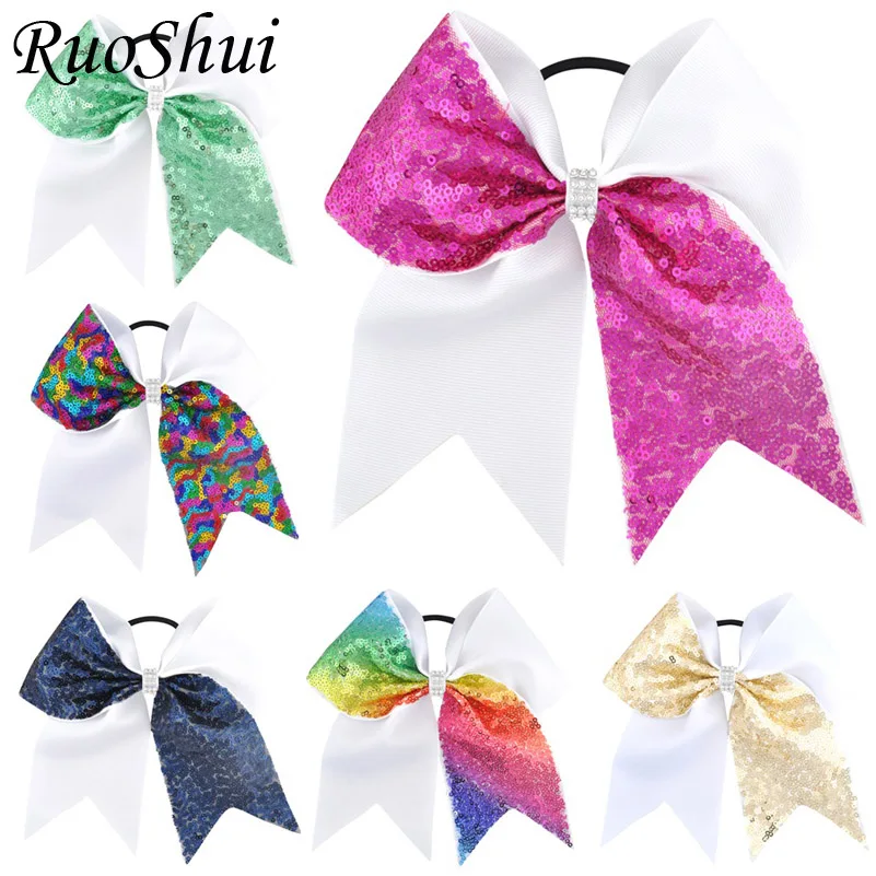 

6pcs 7 Inch Grils Large Hair Bow Rhinestone Grosgrain Ribbon Bow Sequins Ponytail With Elastic Band Women Girl Hair Accessories