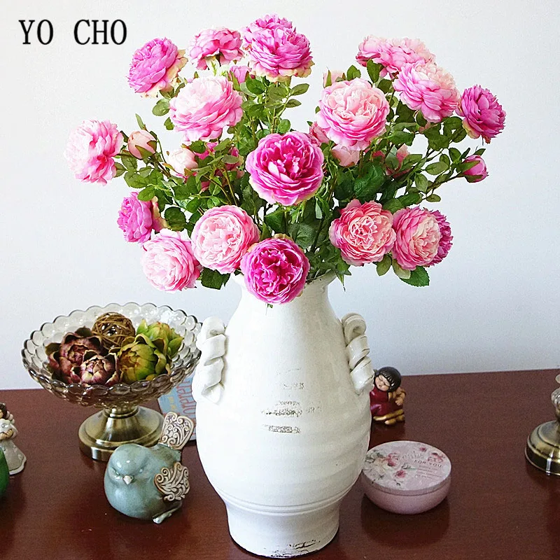 YO CHO Bridal Wedding Bouquet Artificial Silk Rose Peony Flowers 3 Heads Bouquet Home Party Prom Office Decor Flower Arrangement