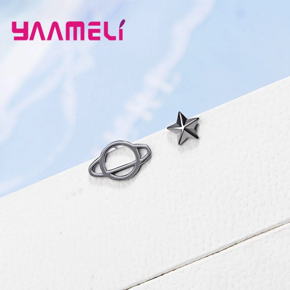 Trendy 3D Star Earth Shaped Asymmetry Earrings Punk Stud Earring 925 Sterling Silver Black Gun Coat Statement Jewelry for Women