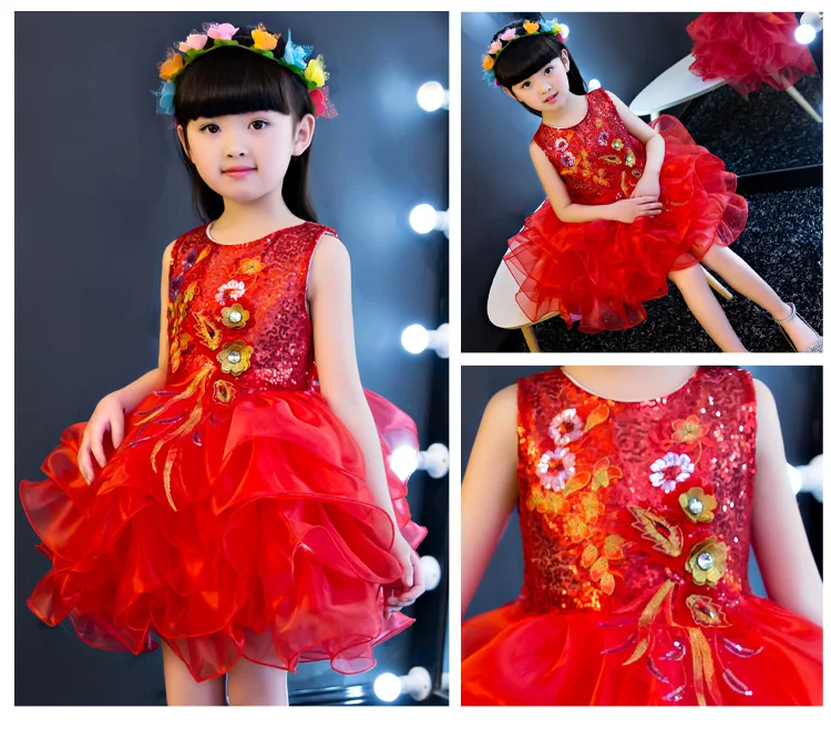 Children Short Birthday Party Cupcake Pageant Clothes Sequins Wedding Princess Dresses Lavender Yellow Red Ball Gown Dress Kids