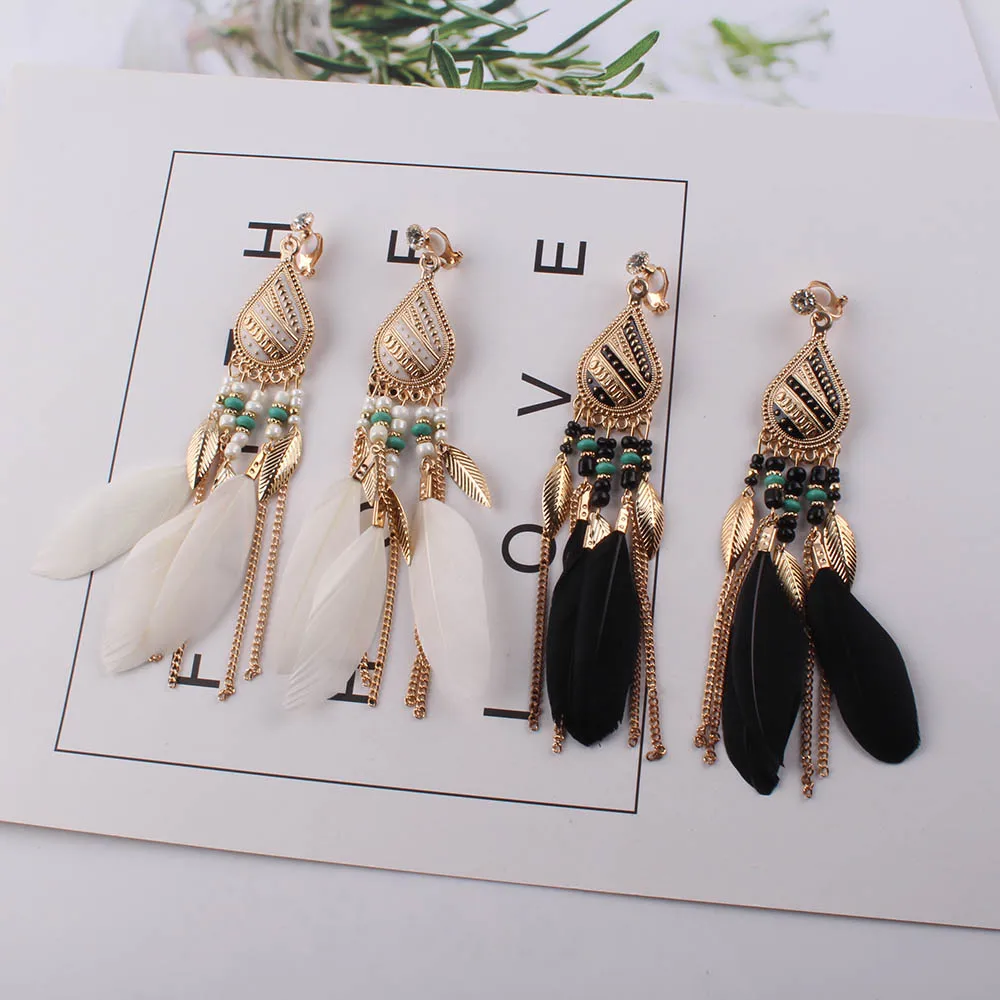 Summer Fashion Jewelry Bohemia Ethnic Vintage Long Feather Clip on Earrings 4 colors Charm Earrings BOHO Beach Holiday Style