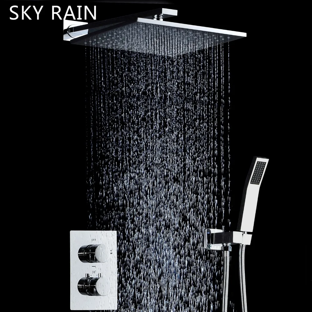 

Bathroom Chrome Plated 10Inch Square Rainfall Shower Head Kit High Pressure Thermostatic Valve Mixer Shower Set