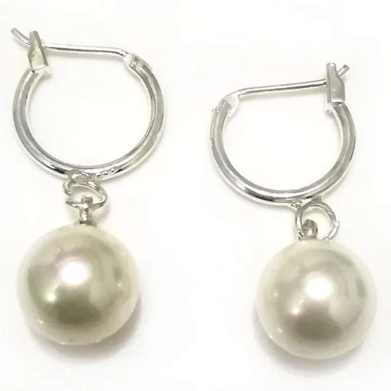 Wholesale 10-11mm Shiny Silver Natural Round Shell Pearl Sterling Silver Leverback Earring