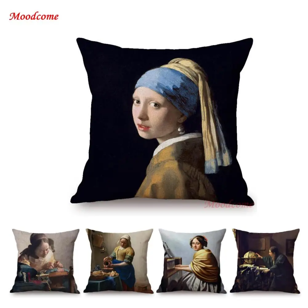 

World Famous Oil Painting Johannes Vermeer Girl With A Pearl Earring The Milkmaid Oil Painting Sofa Pillow Case Cushion Cover