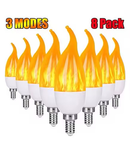 E12 E14 E27 flickering Flame Bulb LED Candelabra Light Bulbs 1.2W Chandelier 1800k 3 Mode Candle Light Bulbs, Flame Tip 8Pack
