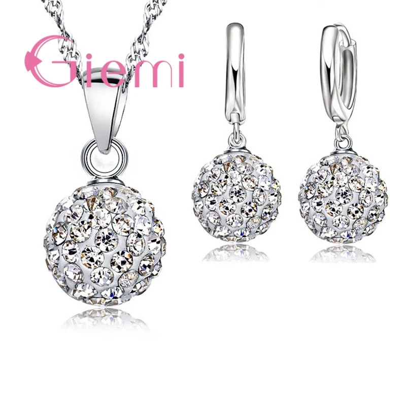 Big Promotion Jewelry Sets 925 Sterling Silver  Austrian Crystal Ball Lever Back Earring Pendant Necklace for Woman