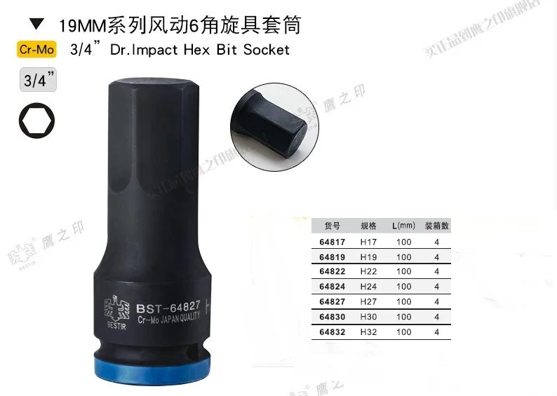 

BESTIR taiwan tool CR-MO steel 19mm 3/4" drive industry impact hex socket bit H17-H32 L:100MM auto repair tool