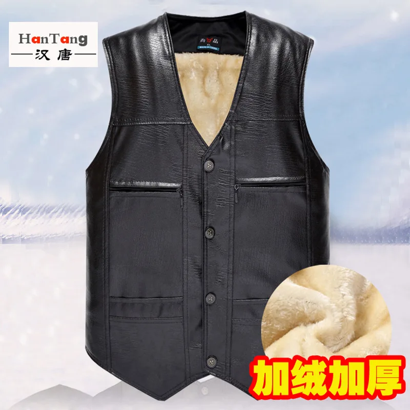 

Hot Wholesale 2021 New Middle-aged Men Winter Leather Vest Men's Warm Large Size Leisure No Collar Pu Leather Vests Xl-3xl