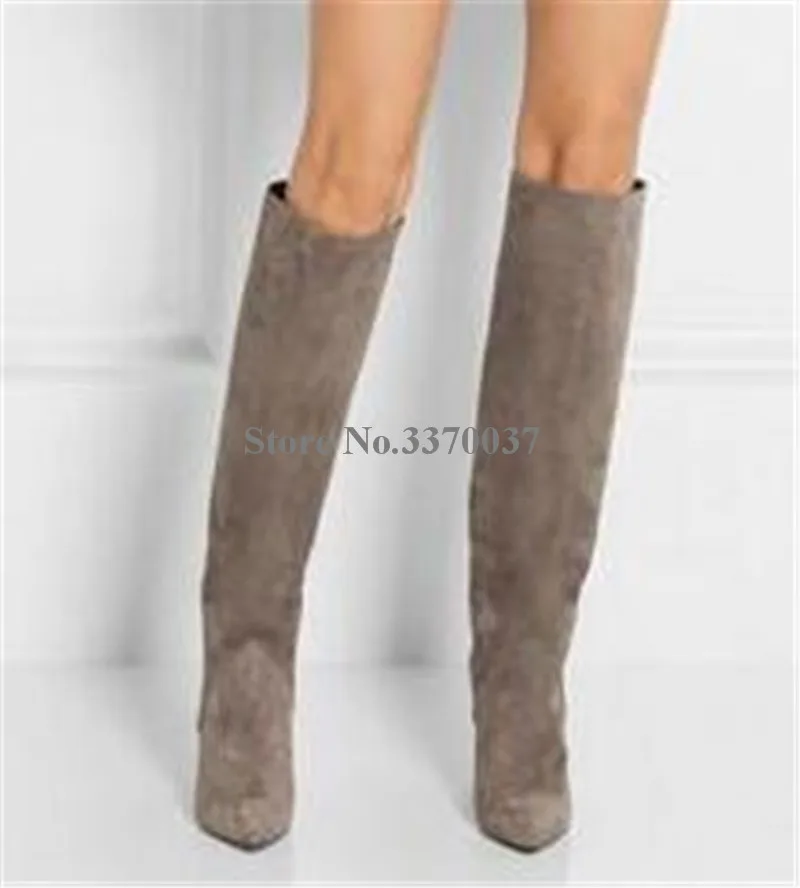 Women Fashion Design Pointed Toe Suede Leather Knee High Wedge Boots Winter Charming Super High Heel Wedge Long Boots