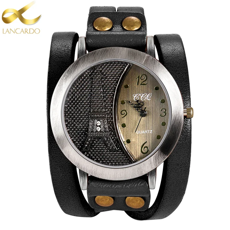 Lancardo Vintage Tower Women & Men Watch High Quality Leather Bracelet Watch Casual WristWatch Punk Style QuartzWatch