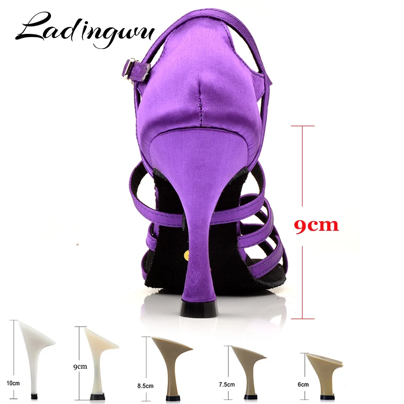 Ladingwu Dance Shoes Latin Women Purple Satin Salsa Dance Shoes unique design Soft Bottom Ballroom Dance Shoes Cuba Heel 9cm