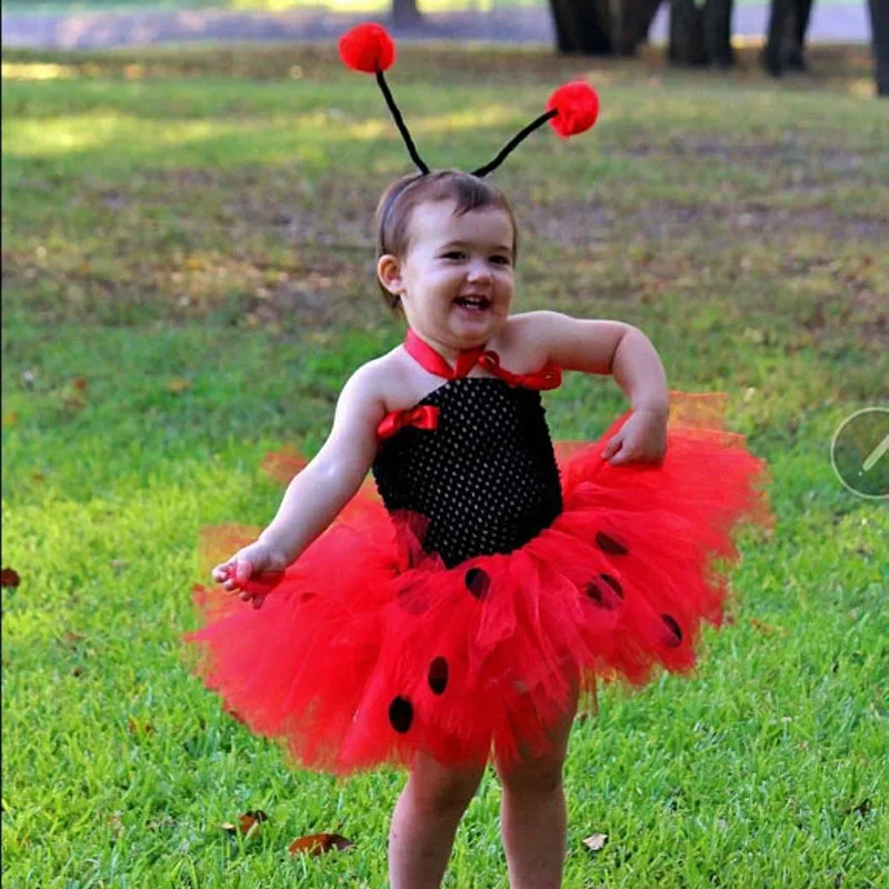 Cute Girls Red Ladybug Tutu Dress Baby 2Layers Crochet Tulle Dress with Hairbow Kids Animal Cosplay Costume Party Dress Clothing