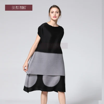 HOT SELLING Miyake High-end fashion short sleeve patchwork o-NECK dress IN STOCK